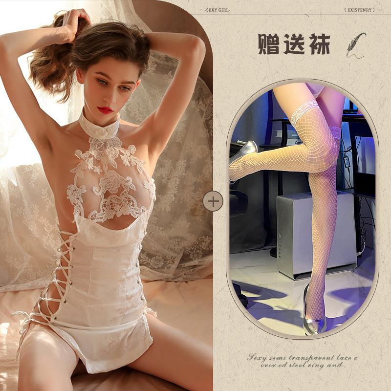 Sexy Lingerie Cheongsam Seduction Passion Hollow Strap High Split Fork Free Uniform Set