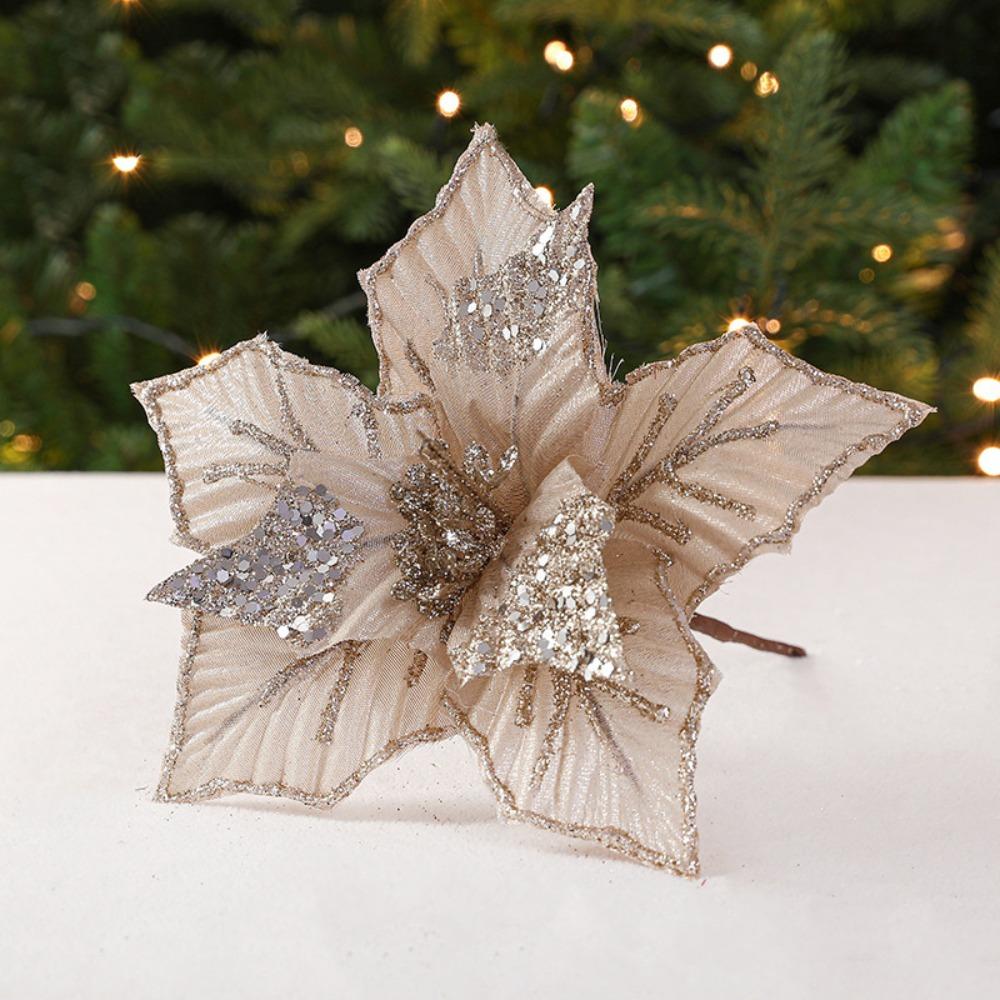 Fabric Plastic Christmas Artificial Flowers 24cm DIY Decoration Fake Flower Ornaments 5 Colors Xmas Tree Decorations New Year