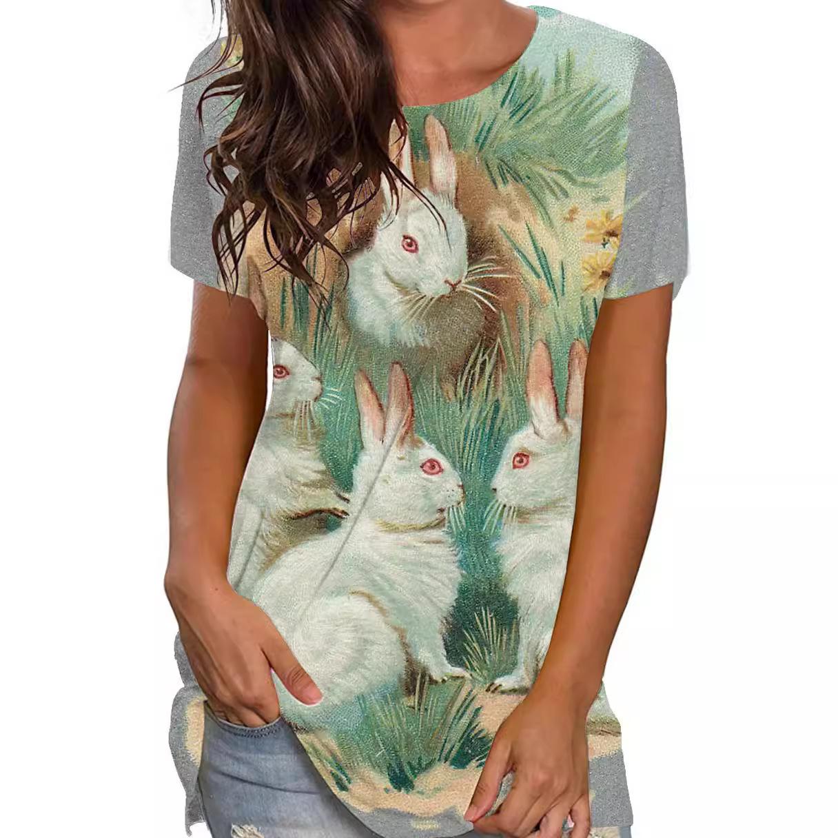 

Летний топ с круглым вырезом и принтом в виде пасхального кролика в 3D-стиле, модные повседневные женские футболки с короткими рукавами XS