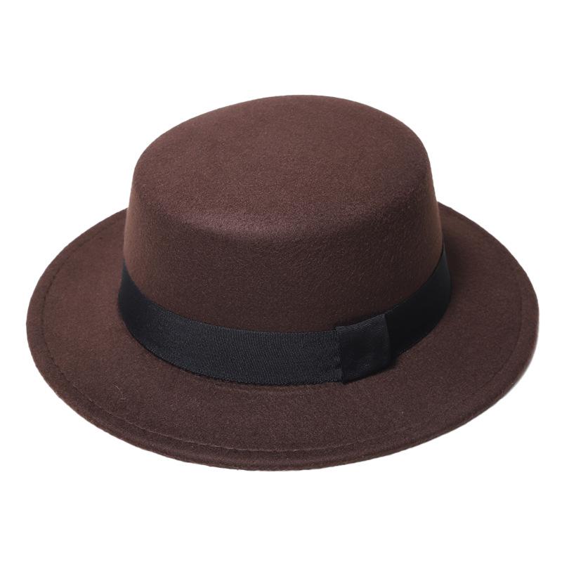 Unisex Retro Geruit Lint Brede Rand Fedora Hoed, Brits Plat Top Wol Ontwerp, Herfst/Winter Zonbescherming