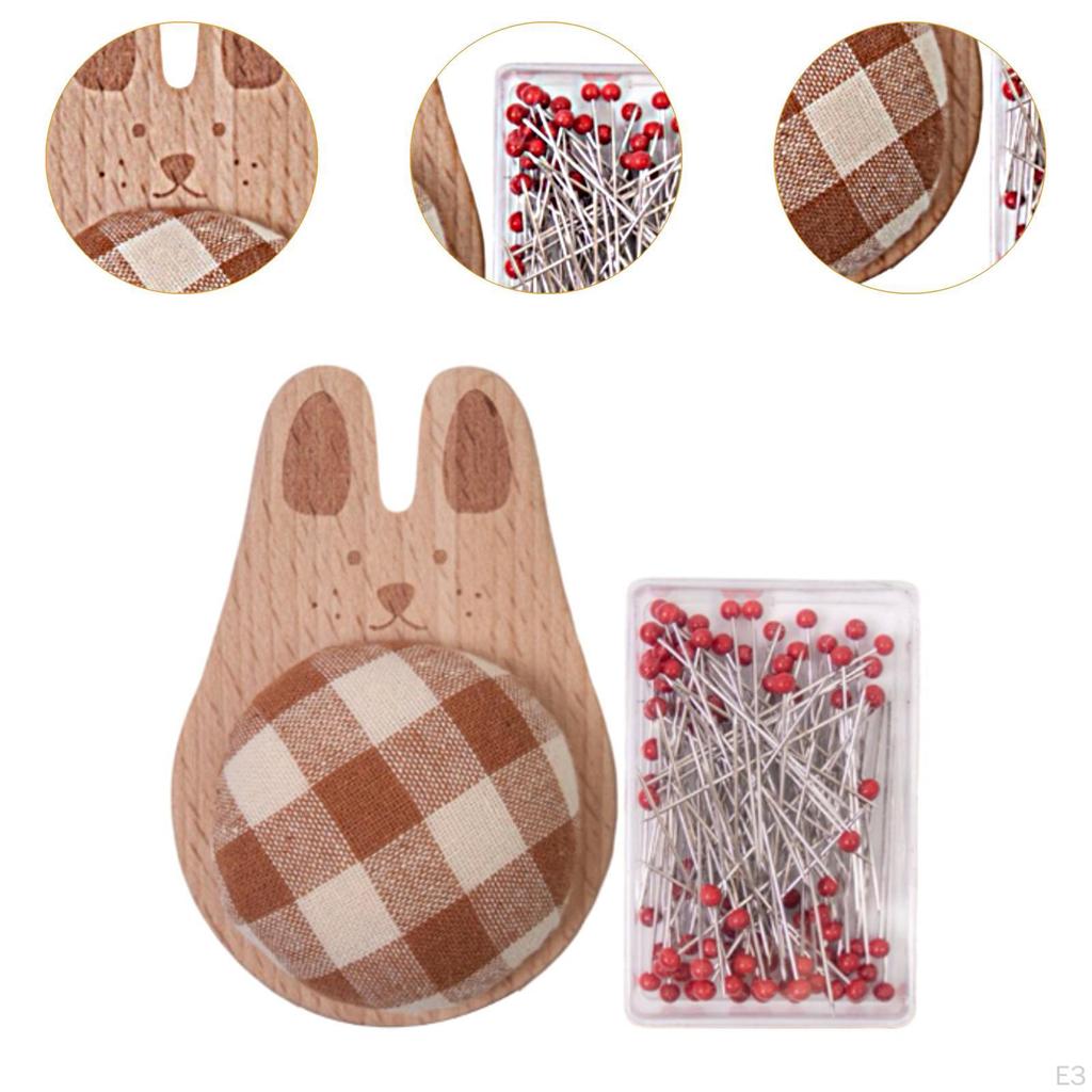 Cute Pin Cushion with Pins Ball Head Sewing Set DIY Craft Accessories Small Wooden Base