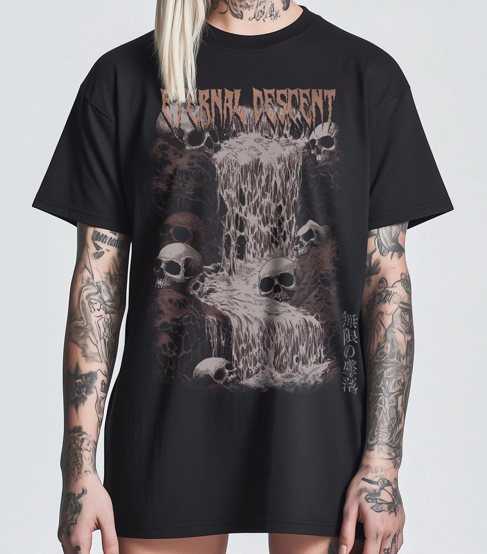 Waterfall Skulls Unisex Tee, Eternal Descent Japanese Text Tee, Gothic Graphic Shirt, Dark Alternative Tee, Casual Streetwear, punk, grunge XL