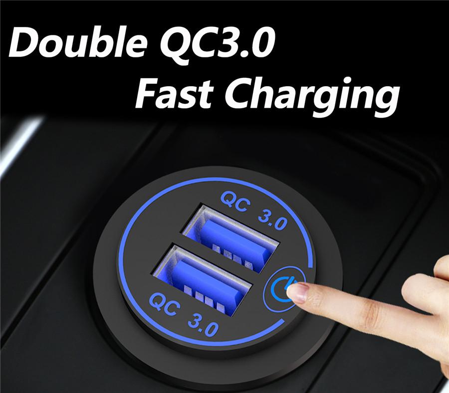 12V-24V Car Cigarette Lighter Socket Dual QC3.0 Charge USB Car Charger with Wire and Terminal for Car Motorcycle Boat Modified