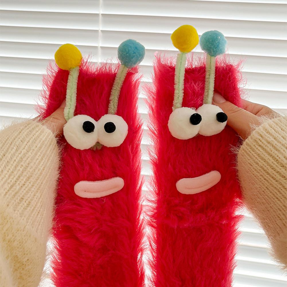 1 Two-Piece Collection Cartoon Socks Funny Expression Decoration Animal Big Eyes Thick Fuzzy Plush Warmth Retention Fall Winter  Practical Use