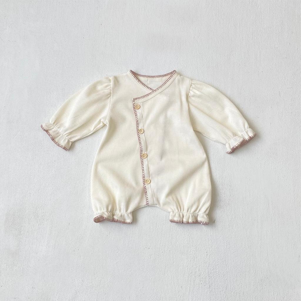 2026 Infant Waffle Lantern Sleeve Romper - Baby Girl Spring Outfit with Single-Breasted Design and Diaper Cover