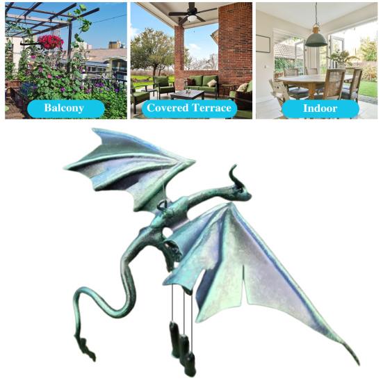 Windspiel aus Metall mit fliegendem Drachen und 3 Röhren, natürliche, beruhigende Melodie, für Garten, Terrasse, Außenbereich, Vintage-Drache, hängende Windglocke, Dekoration, Ornament