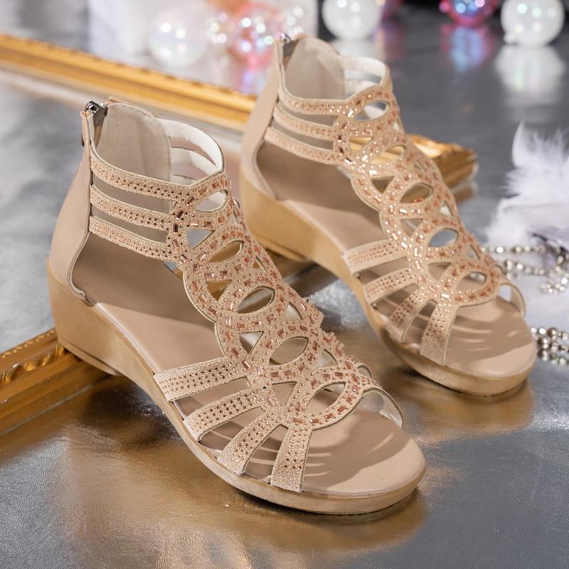 Fashion Ladies Shoes 2025 New Back Zipper Women's Sandals Fashion Crystal Summer Plus Size Best Seller Rome Soft Bottom Wedge Sandals