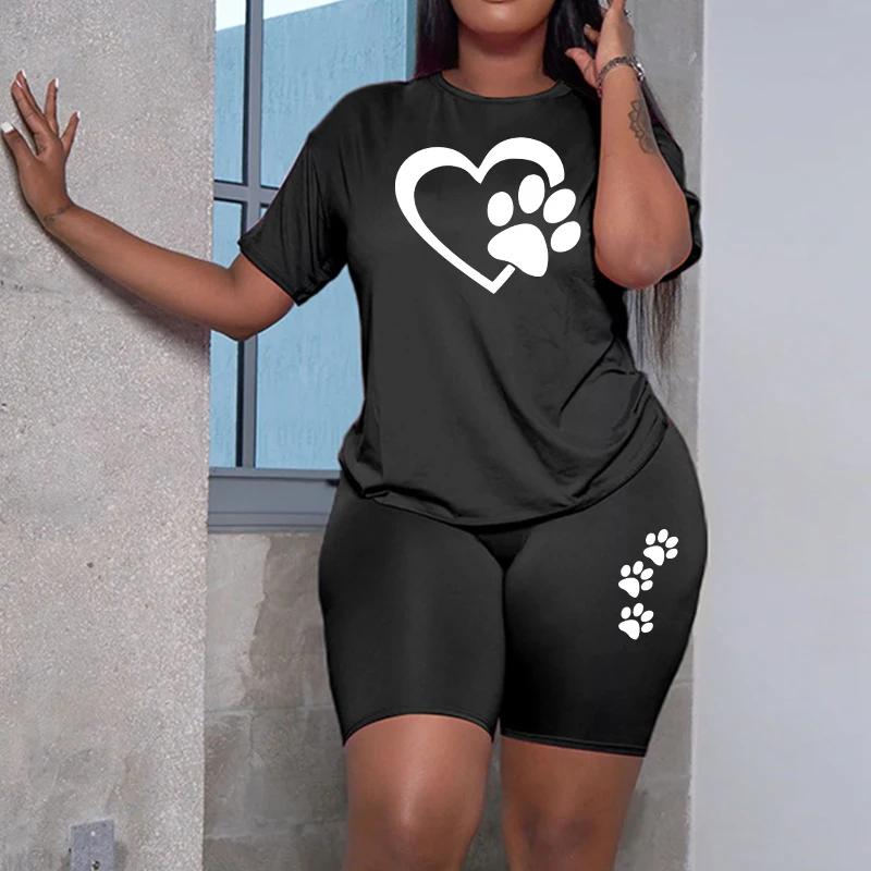 Summer Hot Sale Women's Cute Heart Print Tracksuit O-Neck T-shirts and Shorts Urban Fashion Ladies Home Outdoor Casual Oufits