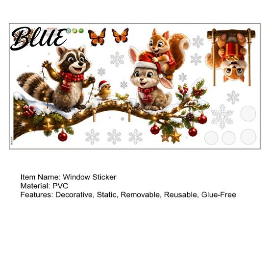 Kids Room Window Ornaments Christmas Animals Clings Raccoon Squirrel Rabbit and Bird on Branch Static Glass Stickers for Decals Bedroom Living