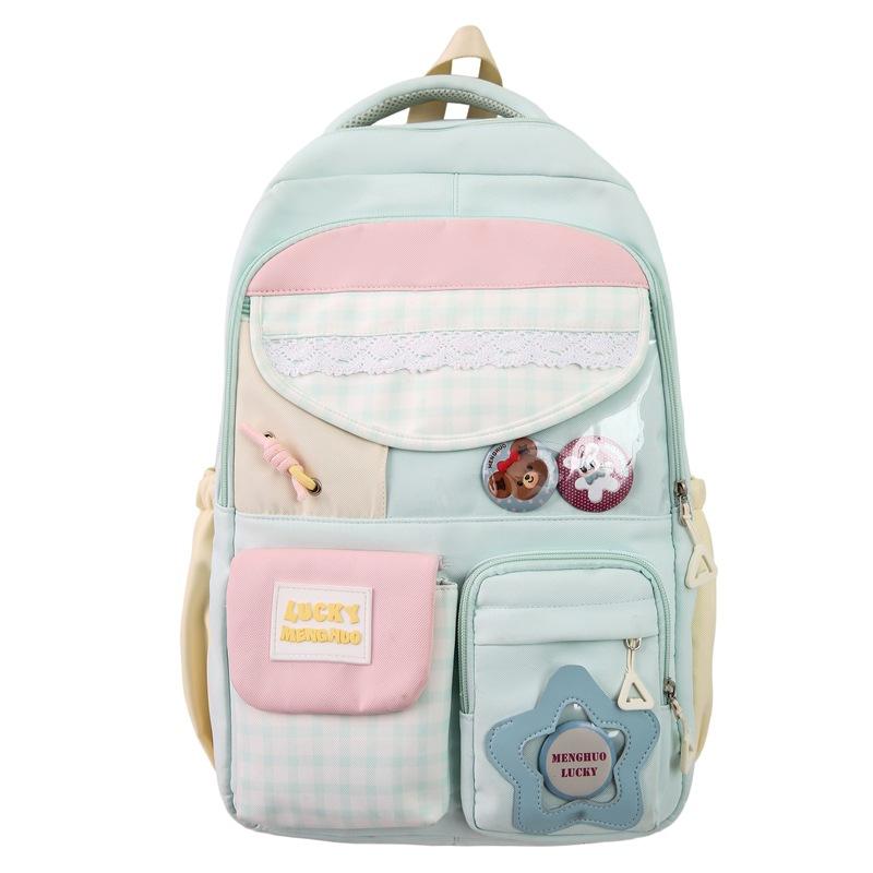 Plaid Backpack Junior High School Student Lightweight Schoolbag Color Block Large Capacity Backpack