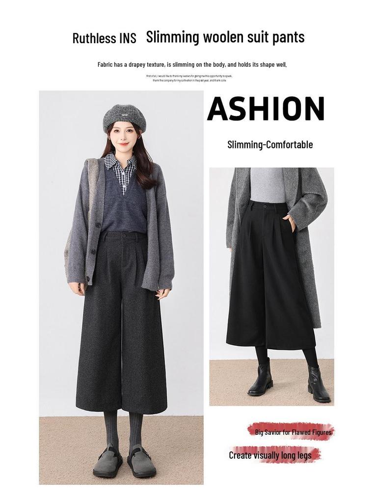 Women's Plus Size Dark Grey Wool-Blend Straight Leg Cropped Pants - Loose, Casual, Petite, Thickened for Spring & Autumn