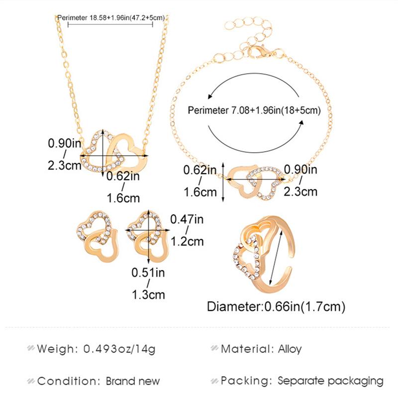 5PCS/Set Double Heart Shaped Jewelry Sets Of Ring Earrings Necklace For Women Rhinestone Wedding Jewelry