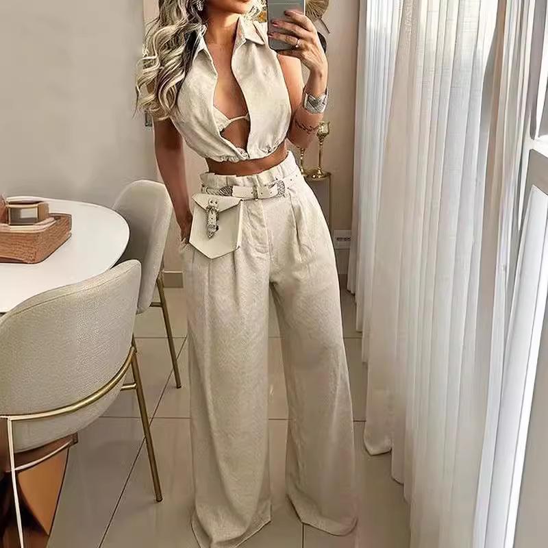 2024 Casual Sleeveless Two-Piece Set with Shirt Collar and Multi-Pockets