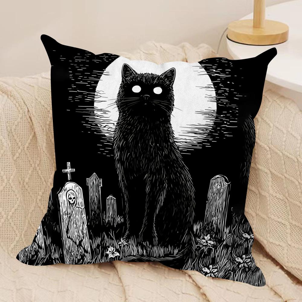 Black Cat Night Cool Cushion Cover Silky Short Plush Invisible Zipper Dustproof Sofa Pillow Case For Home Decor
