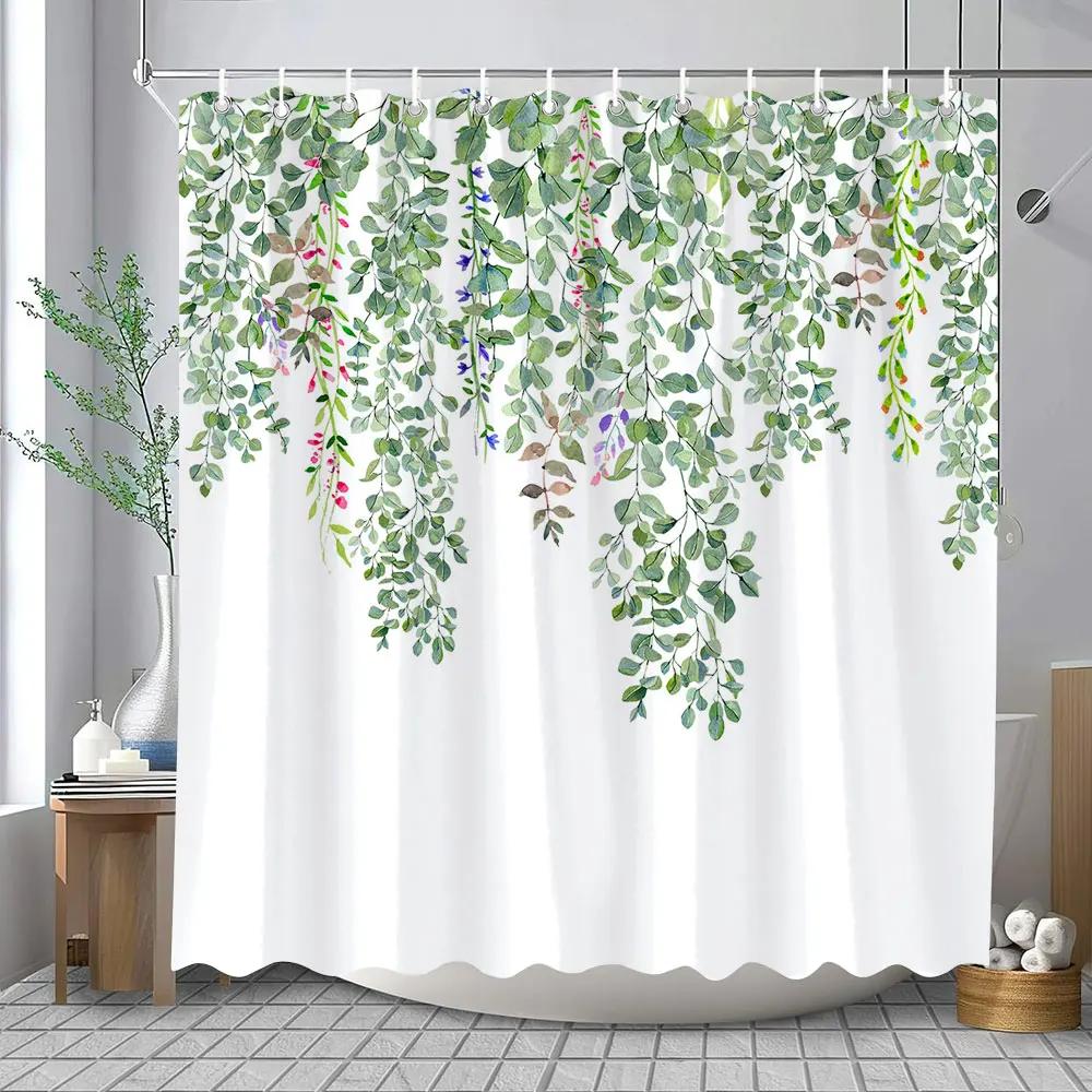 Watercolour Botanical Floral Leaf Shower Curtain Polyester Fabric Washable Home Bathroom Curtains Bathroom Decoration With Hooks