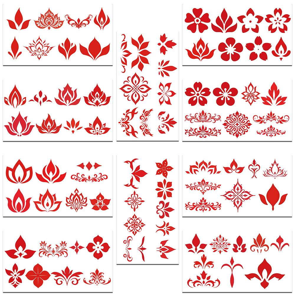 

10 листов красных наклеек для татуировок в китайском стиле для лица, рук, тела, временные водонепроницаемые наклейки для татуировок для детей, творческие праздничные подарки