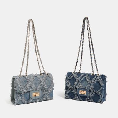 Rag denim tas dames nieuwe mode diamant vierkante tas commuter messenger kettingtas