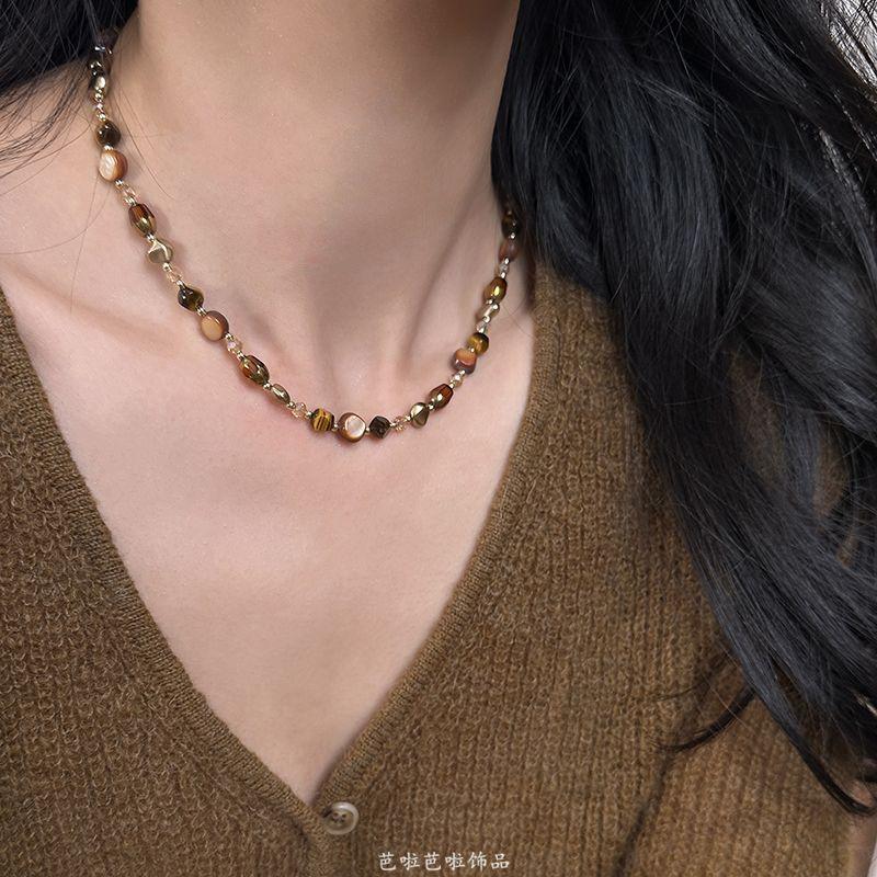 Maillard Tiger s Eye Stone Coffee Pearl Beaded Necklace Premium Women s Sweater Chain