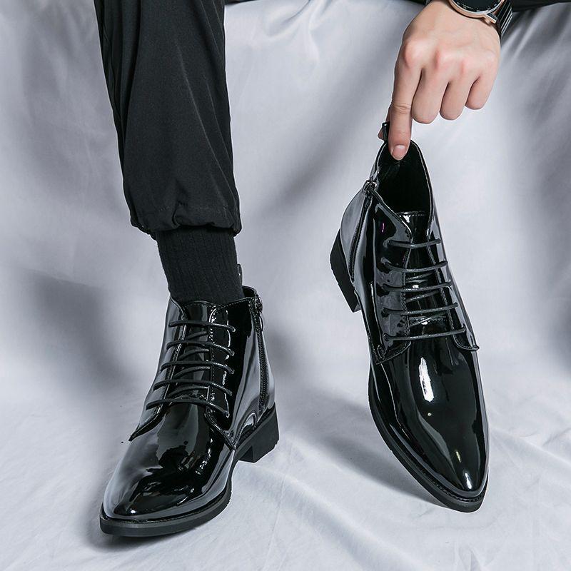 Men's Green Glossy High-Top Martin Boots - British Style Pointed Toe Chelsea Boots, Autumn Korean Trend.