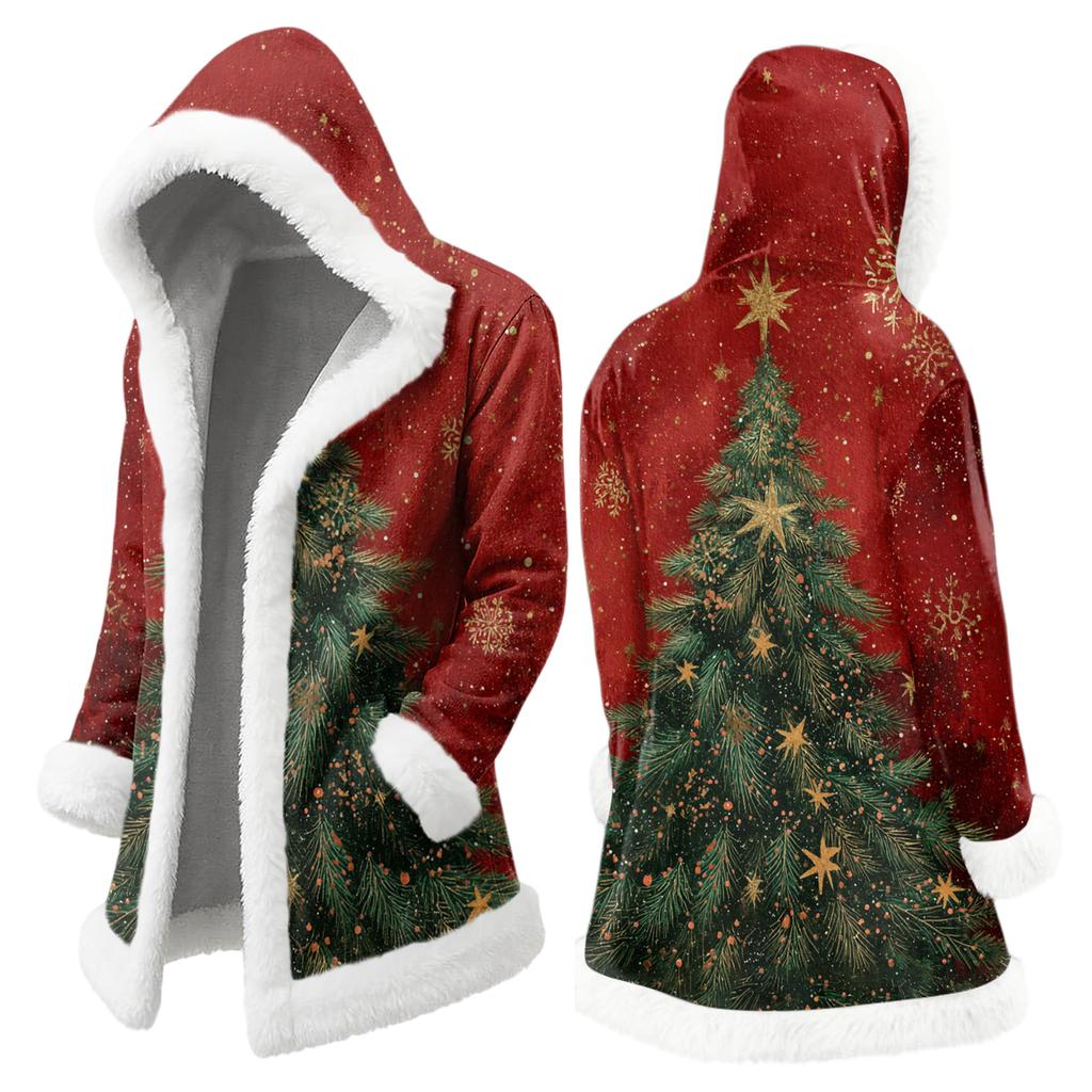 Men's Christmas Long Hooded Cardigan With Pockets Warm Jacket
