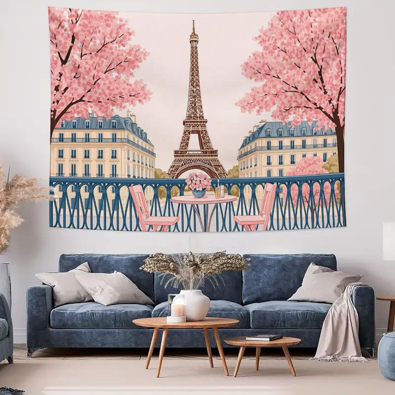 Paris Eiffel Tower Cherry Blossom Spring Cityscape Wall Tapestry Machine Washable All Season Print Romantic French Design Home