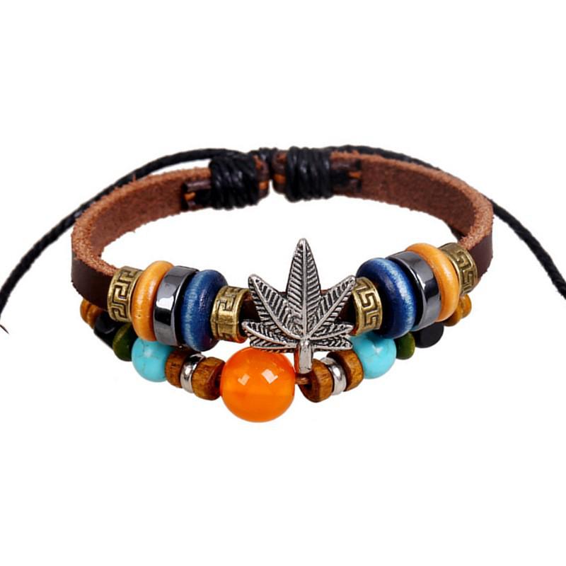 Unisex Retro Beaded Maple Leaf Cowhide Leather Bracelet