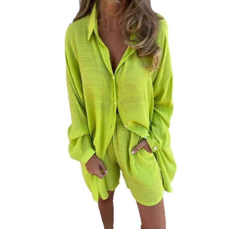 Women's Casual Solid Colour Shorts Long Sleeve Wrinkled Fabric Shirt Two Piece Set