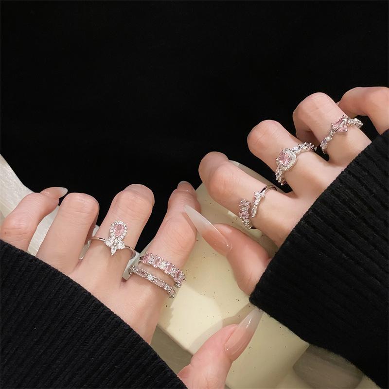 Pink Zircon Series Open Ring Cross French High-End Light Luxury Niche Design Sweet Cool Wind Ring Female Tide