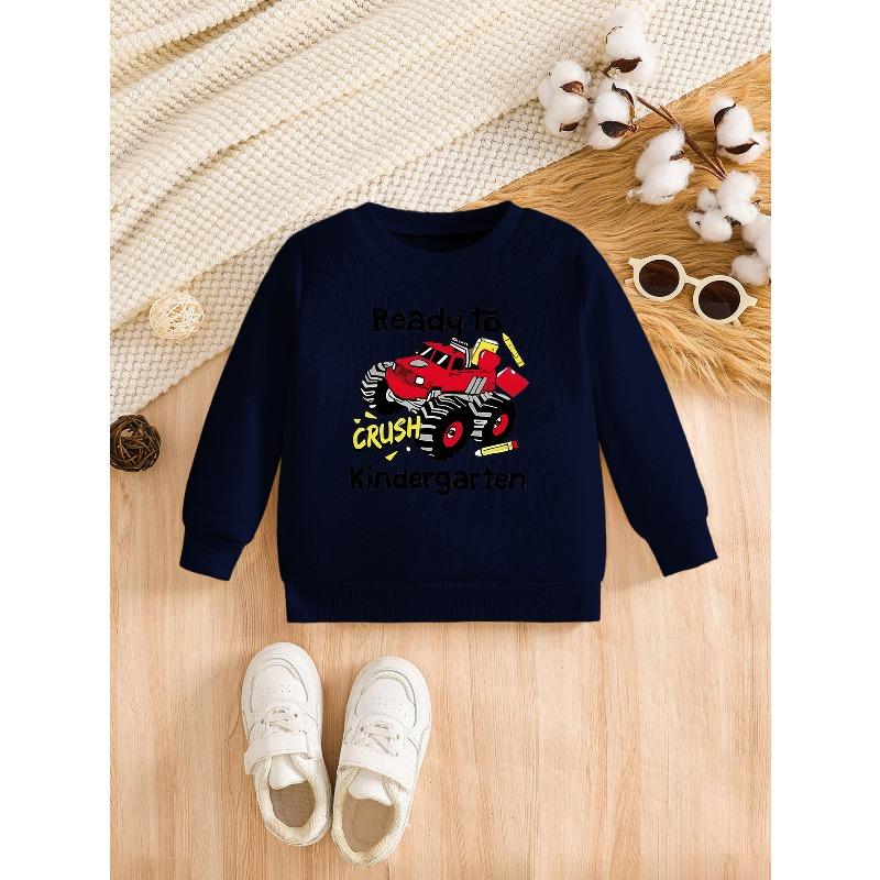 European sizes Trendy "Ready to CRUSH Kindergarten" Pencil Off-Road Vehicle Print Kids' Fashion Comfortable Versatile Casual Crewneck Sweatshirt