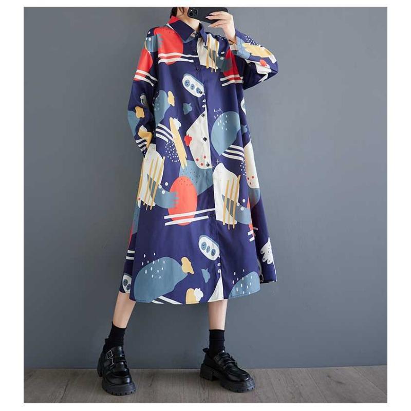 Loose Large Size Oceanic Printed Mid-Length Literary Vintage Dresses