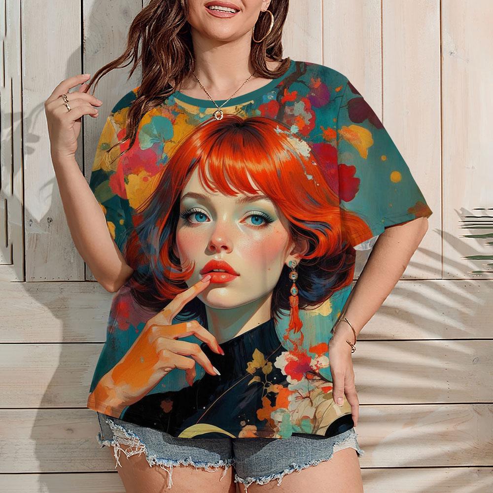 Plus Size Women's T-Shirt Summer Casual Round Neck Short Sleeve Top Fashion Girl Pattern Print Outdoor Loose Oversized Clothing