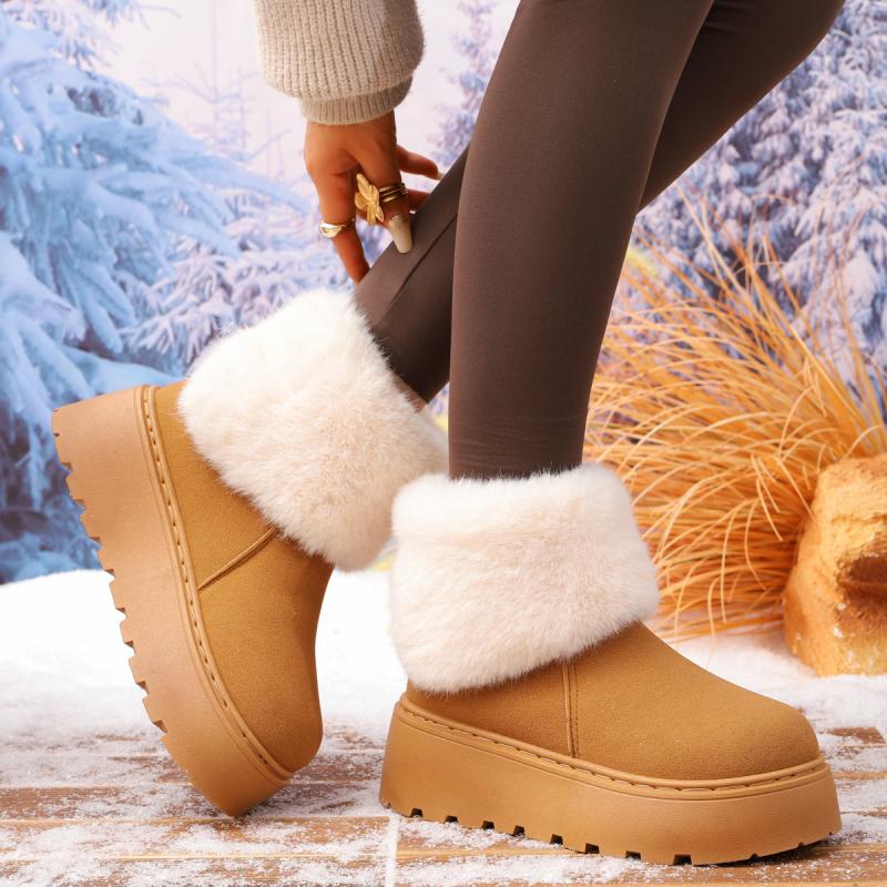 Fashion Fashion Faux Fur Mix Color Snow Boots Women 2025 Autumn Non Slip Thick Bottom Wedge Heel Ankle Boots Warm Short Plush Booties