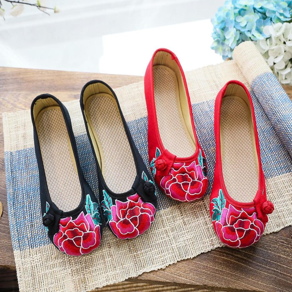 Sapatos de tecido bordados com botão de nó retrô, sapatos de salto baixo de lona para mulheres