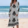 Women's Casual Fashion Retro Print V-neck Long Sleeve Waist Long Dress