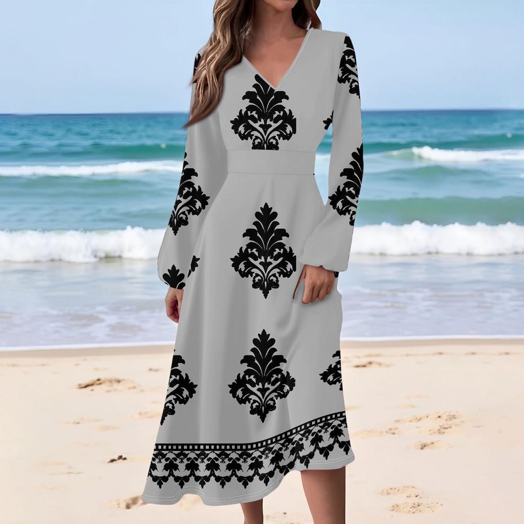 Women's Casual Fashion Retro Print V-neck Long Sleeve Waist Long Dress