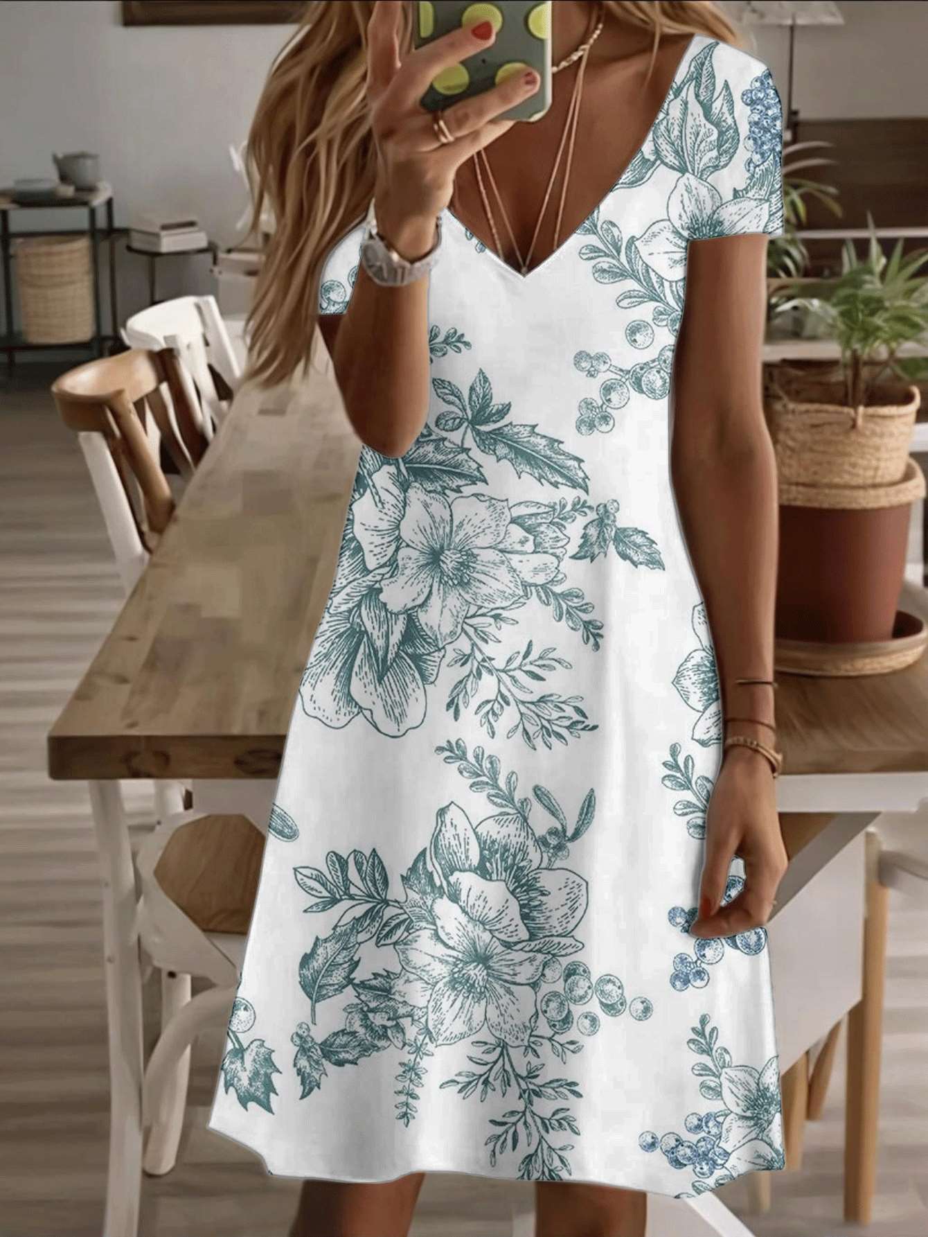 

Vneck shortsleeve midi dress floral garden women dress vintage blue botanical print pattern 3D premium printing durable fabric casual chic style 6XL дубильна кора