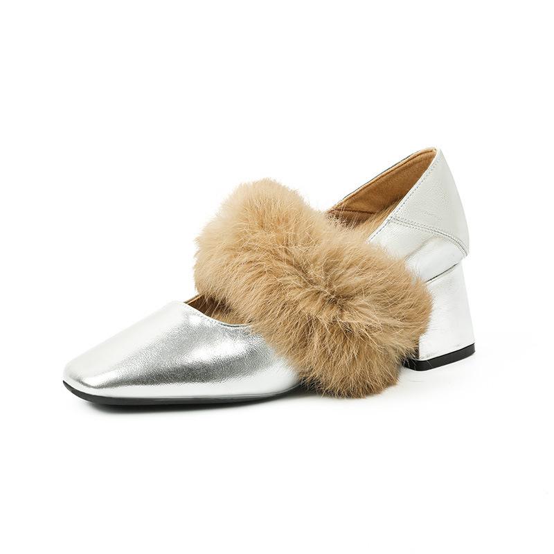 

Осенне-зимние плюшевые туфли на толстом высоком каблуке с квадратным носком, новинка моды 2025 года, плюшевые женские туфли Мэри Джейн 42 серебряный