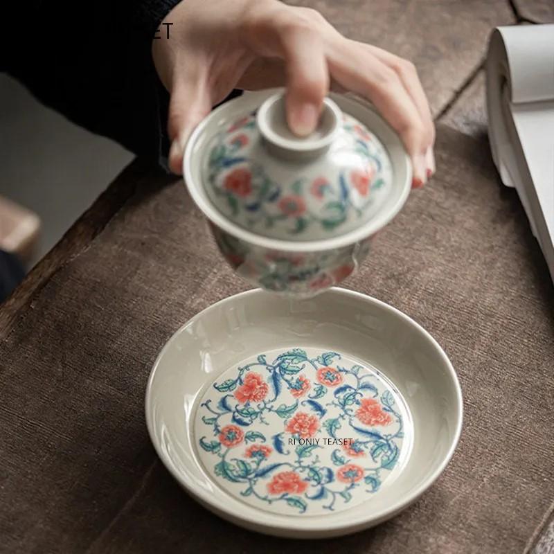140ml Chinesischer Blau-Weiß-Porzellan-Gaiwan Handgefertigte Blumen Teetasse Keramik Teeterrine Tragbare Teeschale Haushalt Teeset