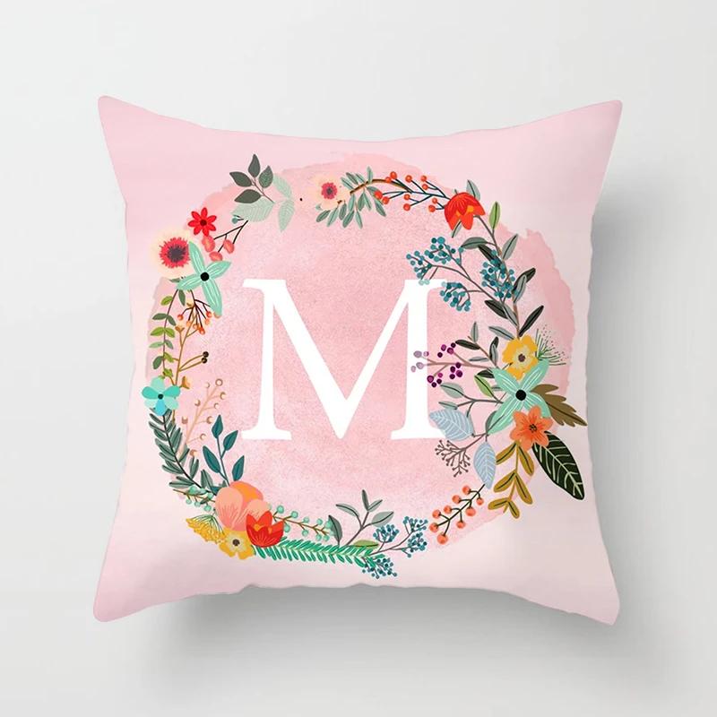 Pink Decorative Pillow Cover 26 Letters In A Wreath Background Pillowcase For Home Decorative Alphabet Cushion Cover 45X45Cm