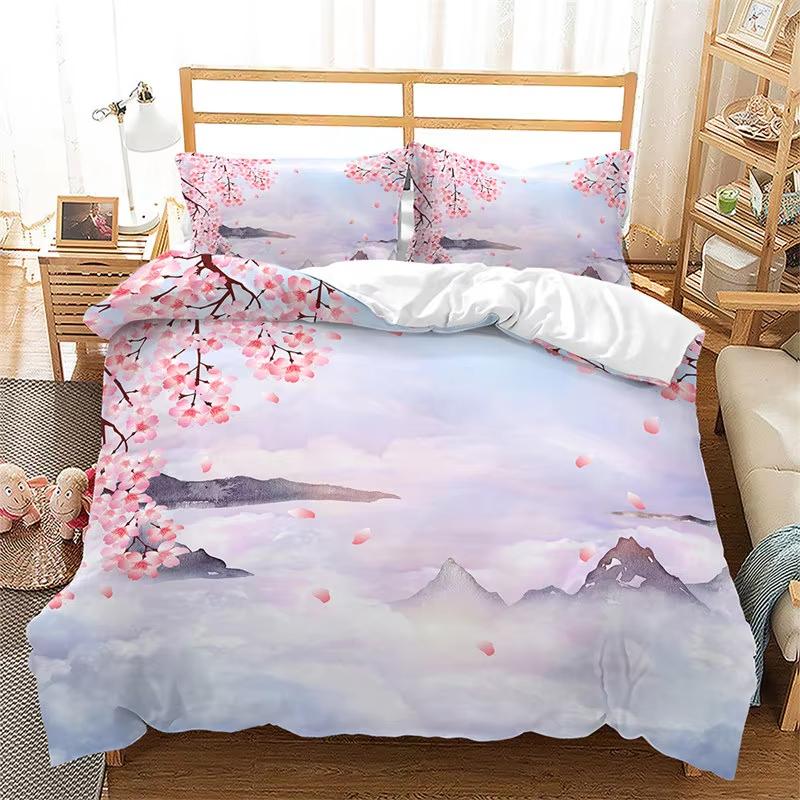 Pale Pink Floral Duvet Cover Japanese Cherry Blossoms Theme Bedding Set Microfiber Spring Scenery Quilt Cover Queen For Girl Boy