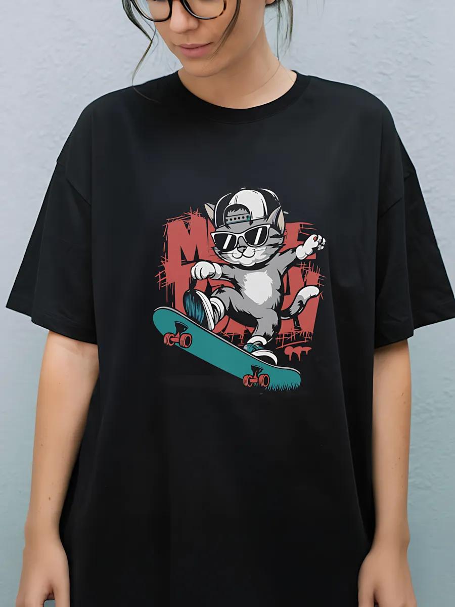 Oversized black T-shirt with Kitten on skateboard y2k print 4XL