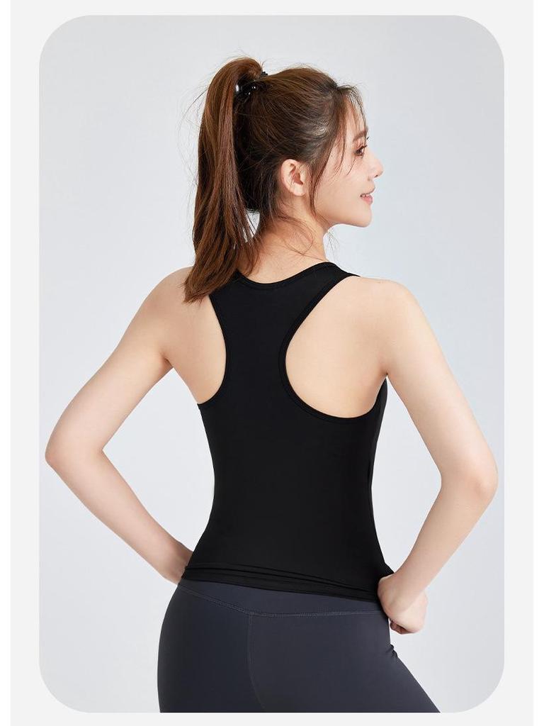 Peach Yoga Tank Top with Built-in Bra: High Elastic, Fixed Cups, Tight-Fitting, Anti-Exposure, Non-Shifting, Round Neck Sports Tank.