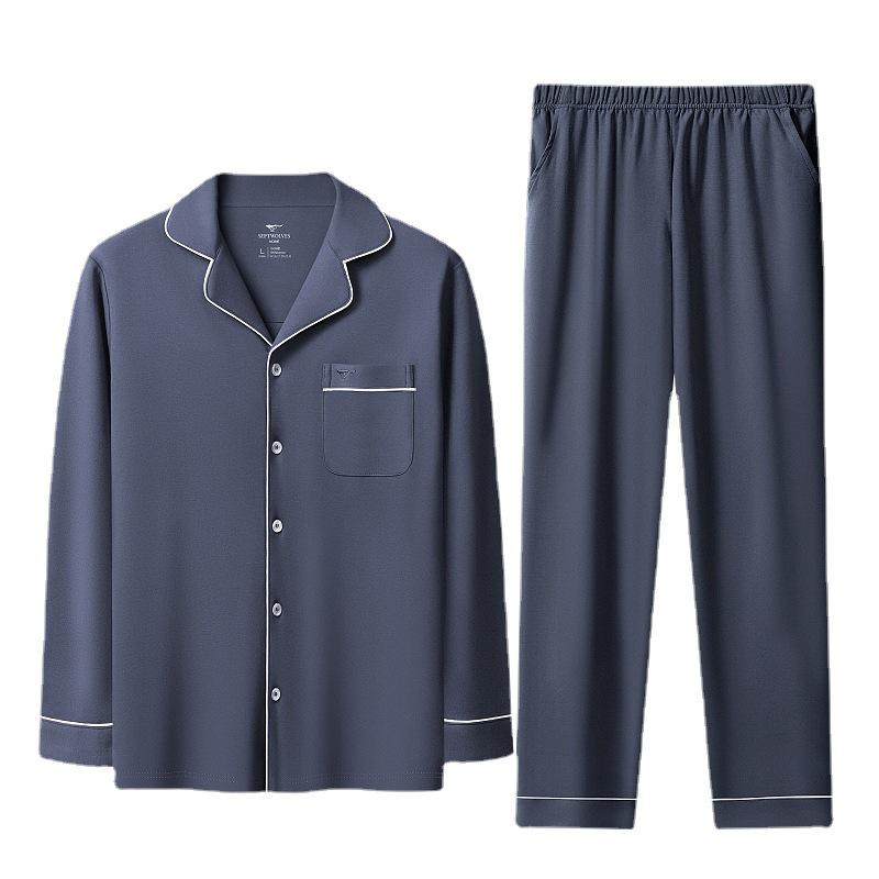 Pánské pyžamo Septwolves z čisté bavlny, jednobarevné, s dlouhým rukávem a rozepínáním vpředu