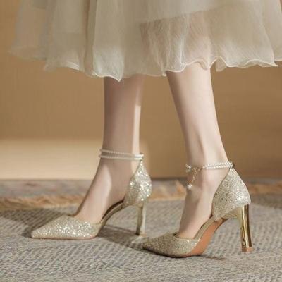 Baotou Hollow High Heels Women's Spring and Autumn Fine Heel Pointed Sequins Pearl Chain Single Shoes Women