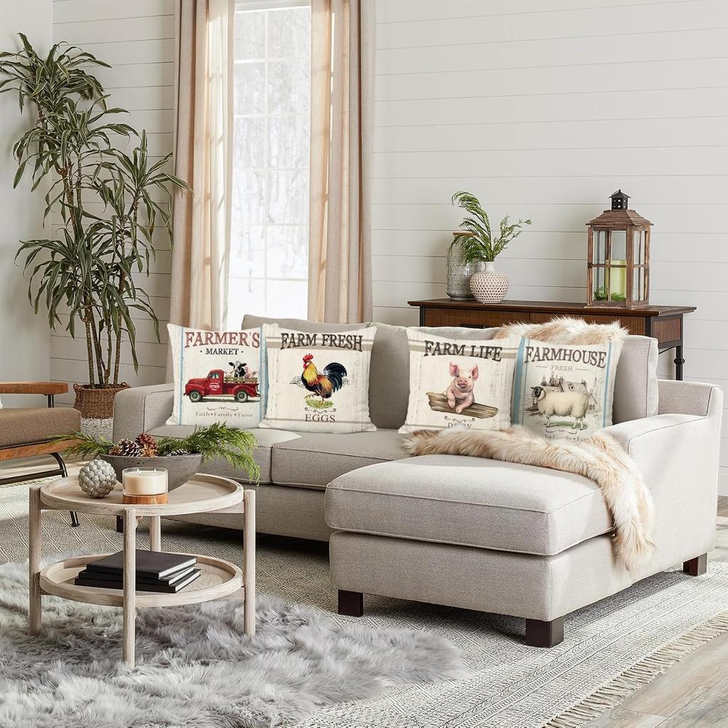 Bonhause Vintage Farmhouse Animals Throw Pillow Covers 18 X 18 Inch Rooster Pig Sheep Retro Truck Pillows for Couch Sofa Home Decor Set of 4