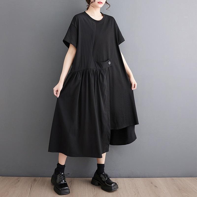 short sleeve Plus size Black cotton vintage new in dresses for women casual loose long summer dress