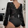 Mono de Encaje Top de Manga Larga Sexy Cuello en V Transparente Body de Mujer