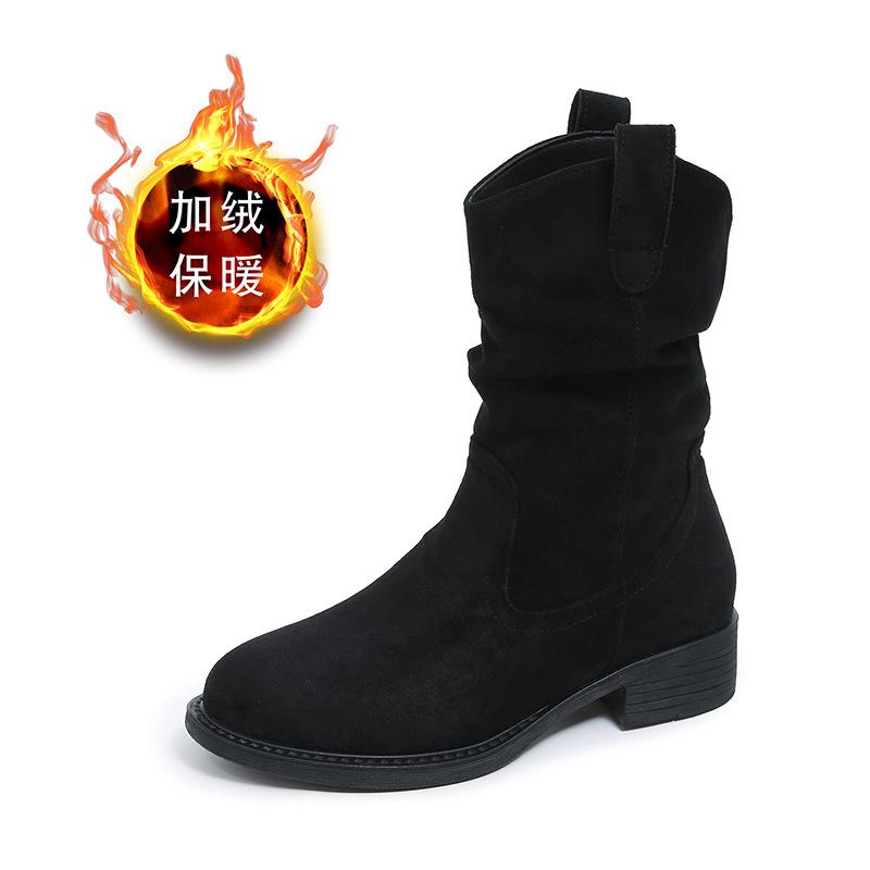 

Foreign trade Martin boots women s 2025 autumn and winter new round head medium heel short women s boots pleated velvet thin boots 42