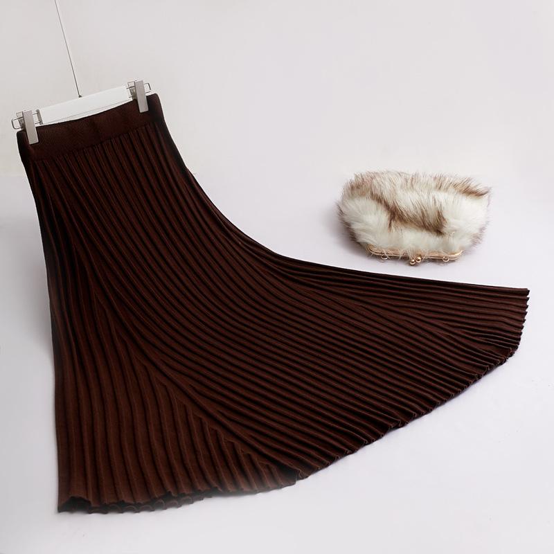 Elastic Waist Black Striped Knitting Maxi Skirts For Woman Elegant Fashion Warm Sweater Saias Longas