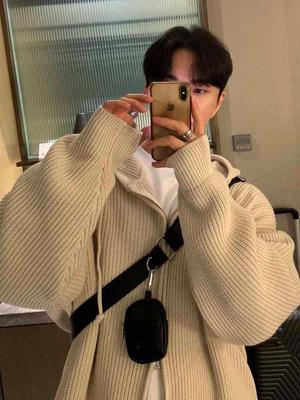 Men's Autumn/Winter Trendy Versatile Solid Color Hooded Sweater Cardigan